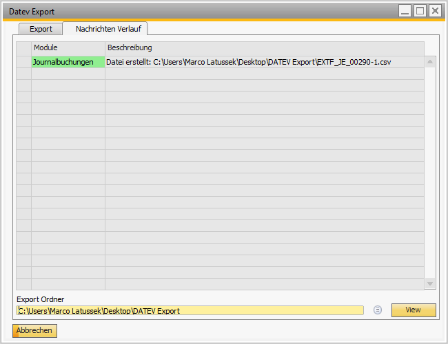 Screenshot der Journalbuchung mit DATEV-Export-Status-Feld