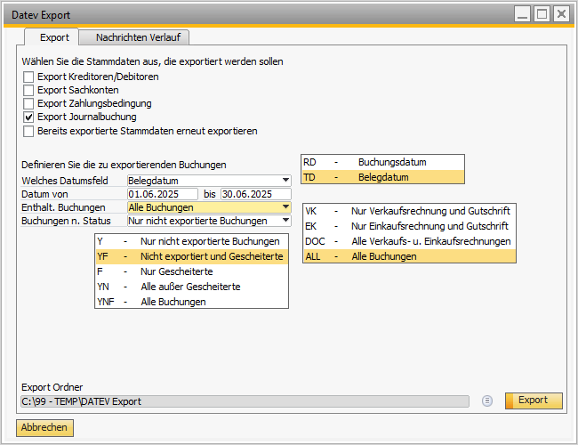Screenshot des Hauptexport-Dialogs mit allen Exportoptionen