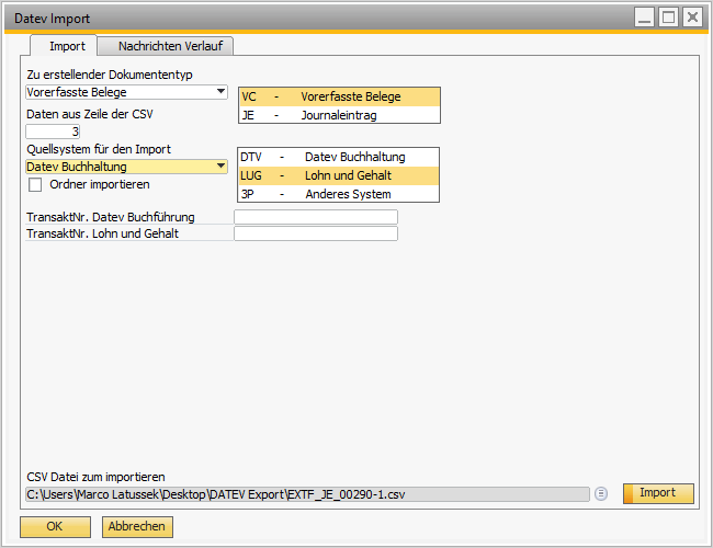 Screenshot des Import-Dialogs mit allen Bereichen beschriftet