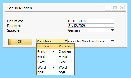 Anwendungsbeispiel: Export-Dialog mit den Ausgabeoptionen Vorschau, PDF, Excel, Word, Druck