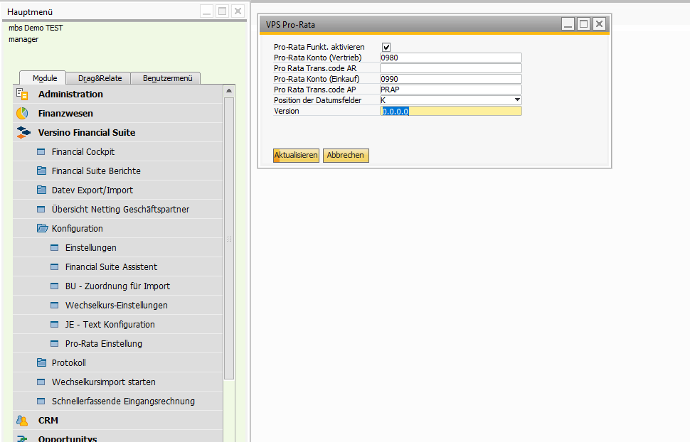 Screenshot der Pro-Rata Einstellungen mit allen Parametern