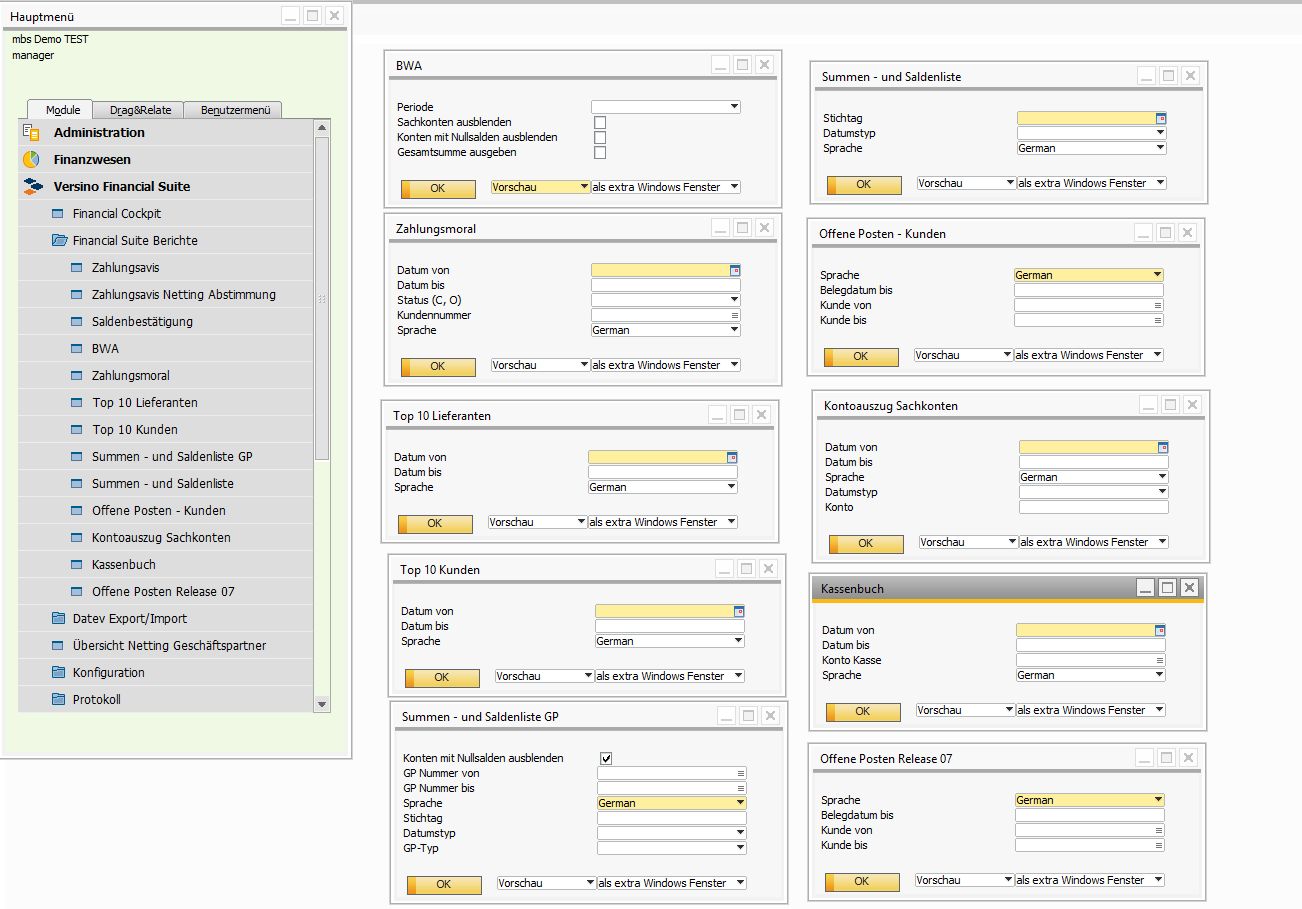 Screenshot des Berichtsmenüs in SAP Business One